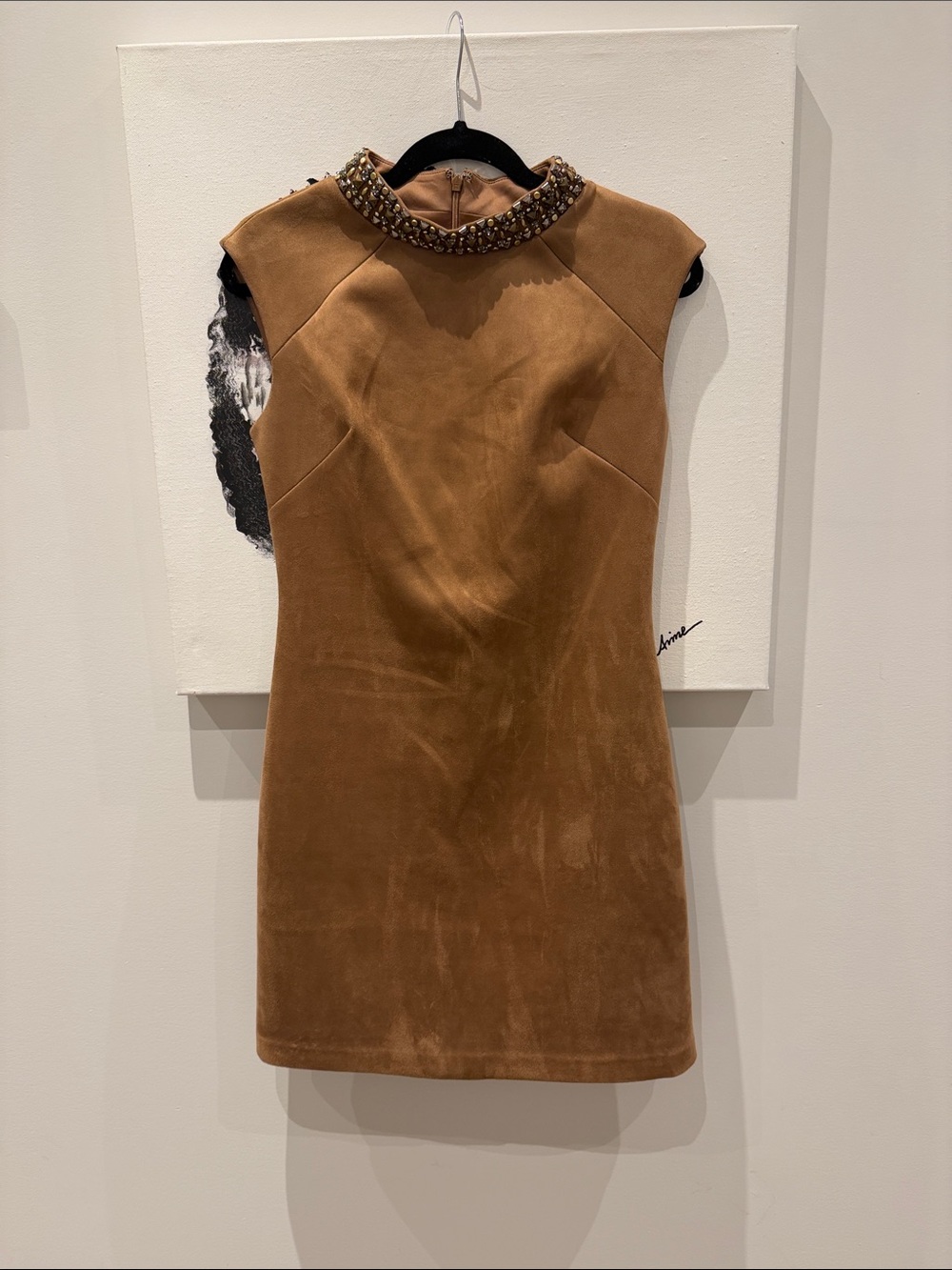 Vince Camuto Jewel-Neck Suede Mini Dress in Chestnut